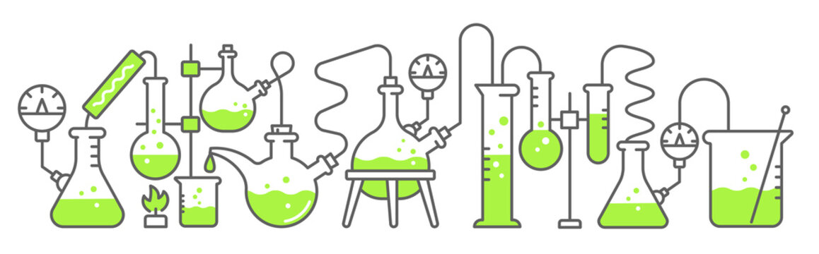 Chemistry science horizontal banner. Education lab. Green chemicals. Laboratory research experiments. Medical tests. Outline contour line vector.