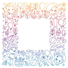 Vector illustration in cartoon style, active company of playful preschool kids jumping, at a party, birthday.