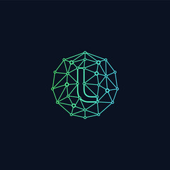 Letter L network  Logo design. Technology digital abstract dot connection cross logo icon. Circle with connected lines for brand of smart contract block symbol. - Vector