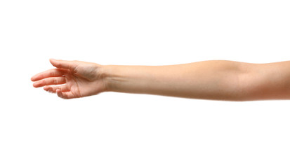 Young woman reaching hand for shake on white background, closeup - obrazy, fototapety, plakaty