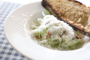 Salad with bread in white tone appetizer