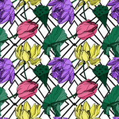 Vector Lotus floral botanical flower. Black and white engraved ink art. Seamless background pattern.