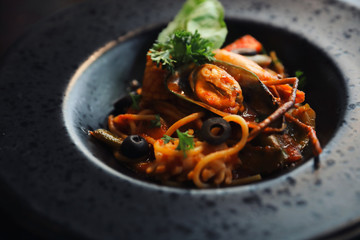 Spaghetti with seafood and tomato sauce