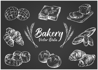 Hand drawn illustration material: bakery set, collection, chalk art