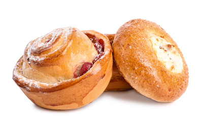 Different delicious fresh pastries on white background