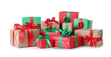 Different Christmas gift boxes on white background - Powered by Adobe