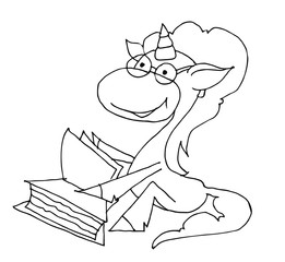 Coloring book for kids - unicorn with glasses flips through the pages of a book. Black and white cute cartoon unicorns. Vector illustration.	
