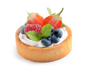 Delicious sweet pastry with berries on white background