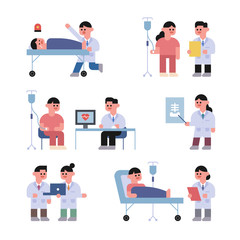 Little cute doctor character. Various tasks of doctors working in the hospital. flat design style minimal vector illustration.