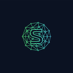 Letter S network  Logo design. Technology digital abstract dot connection cross logo icon. Circle with connected lines for brand of smart contract block symbol. - Vector