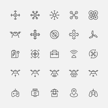 Outline icons related to drones. flat design style minimal vector illustration.