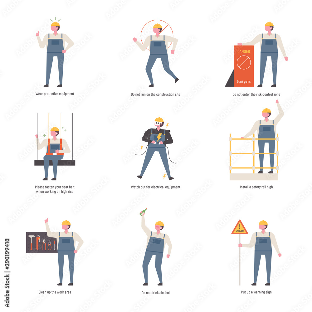 Poster character explaining safety rules at construction site. flat design style minimal vector illustratio