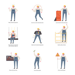 Character explaining safety rules at construction site. flat design style minimal vector illustration.