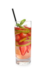 Tasty refreshing drink with strawberries on white background