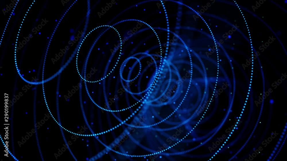 Poster Abstract glowing dots forming tunnel of blue circles. Animation. 3D circles of small particles moving one by one on black background, seamless loop.