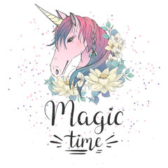 Magic time. Card with unicorn and flowers