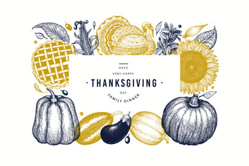 Happy Thanksgiving Day banner. Vector hand drawn illustrations. Greeting Thanksgiving design template in retro style. Autumn background.