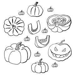 Pumpkins and Jack-o-lantern. Set of Halloween objects