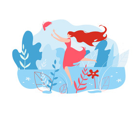 Woman with Long Red Hair Running after Butterfly.