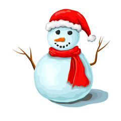 Christmas snowman illustration isolated on white background. Cute smiling snowman wearing red santas hat and scarf. xmas or winter symbol. hand drawn cartoon frosty character. snowman isolated.