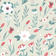 Seamless Colorful Floral Pattern with Flowers and Herbs. Floral Ornament for Textiles.