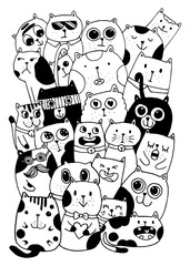 Black and white Hand draw vector, Cat Characters style doodles illustration coloring for children vector.