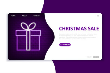 Christmas Sale landing page. Website template in neon style for  seasonal holiday discounts. Bright neon web site mock up for online shop for New Year and Christmas sale. Vector illustration.