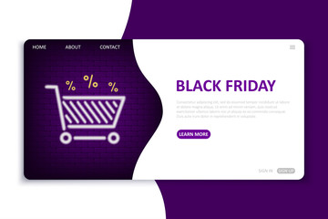 Black Friday landing page. Website template in neon style for seasonal discount theme. Bright neon web site mock up for black friday. Vector illustration.
