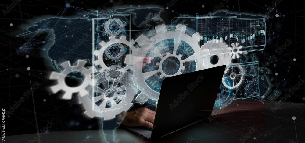 Poster hacker man holding a technology interface 3d rendering