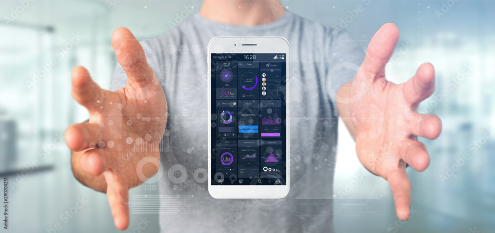 Poster businessman holding smartphone with user interface data on the screen isolated on a background
