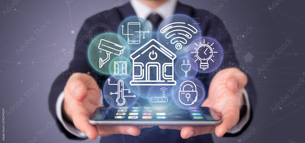 Aufkleber businessman holding smart home interface with icon, stats and data 3d rendering