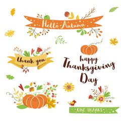 Thanksgiving day elements set Cute floral decor Inscription Ribbon text pumpkin autumn leaves Vector