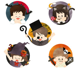 ハロウィンの子供たち-アイコン-水彩