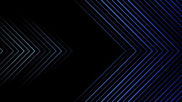 Colorfull blue moving arrows formed by crossed narrow lines on black background, seamless loop. Animation. Crossed blue rays at an acute angle pointing to the left and to the right.