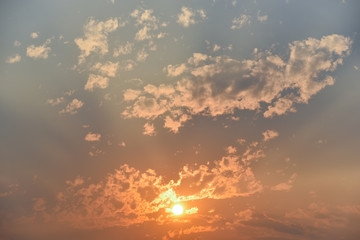 Beautiful sunrise or sunset landscape.Sunshine in summer background.Scenic beautiful nature cloudscape with sunlight in summer time.