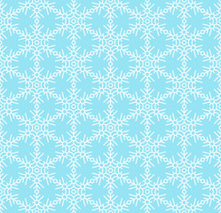 Beautiful snowflakes seamless pattern layout. Thin line white snowflakes on light blue background. Template for christmas gifts wrapping paper. Simple snowy wallpaper vector illustration.