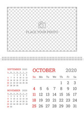 Wall calendar planner template for October 2020 year with place for photo. English vector layout with dates grid on white background. Week starts from Sunday. White corporate calendar design.