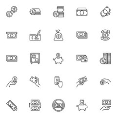 Money line icons set. linear style symbols collection, outline signs pack. vector graphics. Set includes icons as Dollar coins, money bill, payment credit card, cash, bank cheque, currency exchange