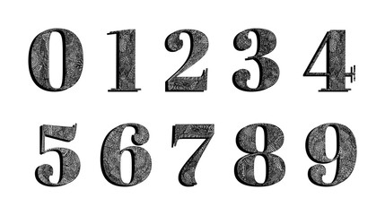 Hand drawn numbers set. Texture of lines, dots and plant elements. Vector black and white isolated illustration.