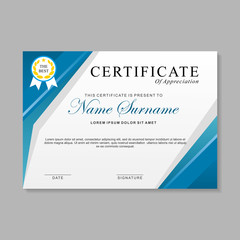 Modern certificate template design with blue and white color. Appreciation certificate, achievement certificate