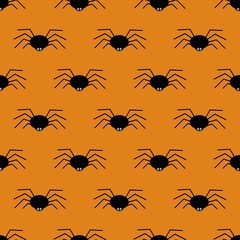 Black spider silhouette on orange background seamless Halloween vector pattern. 