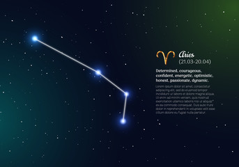 Obraz na płótnie Canvas Aries zodiacal constellation with bright stars. Aries star sign and dates of birth on deep space background. Astrology horoscope prediction with unique positive personality traits vector illustration