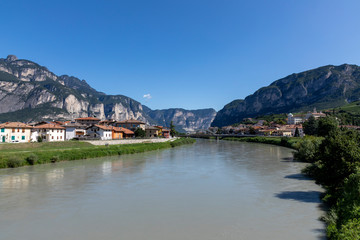Fototapeta na wymiar scenic view to river Adige in the Alps at San Michele del Adige