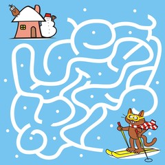 Labyrinth, board game for children, vector icon. Search right way to the house.