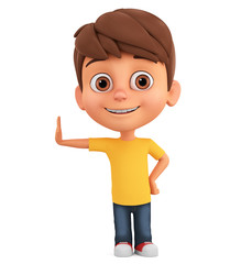 Character cartoon little boy leaned against. 3d render illustration.