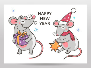 Obraz na płótnie Canvas Template image Happy new year party with rat, white background new year 2020. Funny sketch mouse Vector illustration.