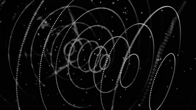 Abstract signal or radar waves in slow motion with 3D effect, seamless loop. Animation. Rings of different diameter formed by small particles flowing on black background, monochrome.