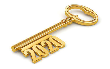 Gold 2020 key isolated on white background. 3d rendering. Illustration for advertising.