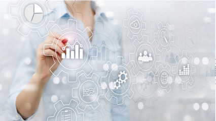 Business process abstract diagram with gears and icons. Workflow and automation technology concept.