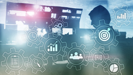 Business process automation concept. Gears and icons on abstract background.